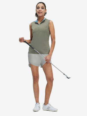 Front full body shot of model wearing glacier grey women's high waist 2 in 1 quick dry shorts with 7 pockets