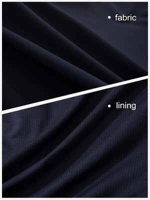 Close-up texture of navy high waist built-in short a-line golf skirt with 5 pockets fabric showing weave detail.