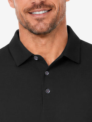 Front view from nose to chest in black of nylon blend casual jacquard polo shirts.