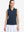 Front upper body shot of model wearing navy women's collared v neck quick dry tank tops