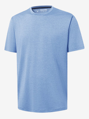 3d view of garment in blue heather of moisture wicking heather round neck athletic t-shirts.