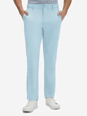 Front lower body shot of model wearing light blue straight fit lightweight dress golf pants