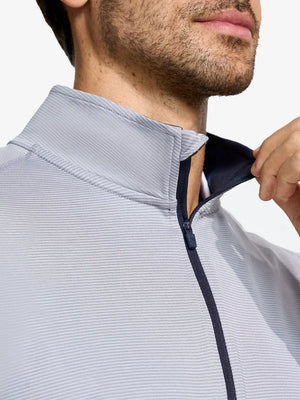 Front view from nose to chest of model wearing Pinstripe Quarter Zip Pullover – GREY MELANGE