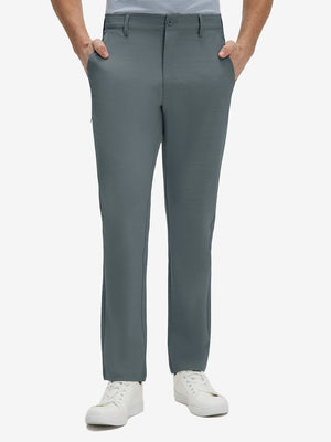 Front lower body shot of model wearing iron grey straight fit lightweight dress golf pants