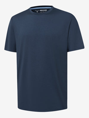 3d view of garment in dark blue heather of moisture wicking heather round neck athletic t-shirts.