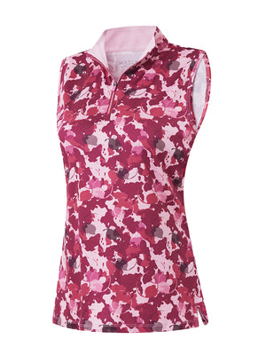 3d rendering of red splatter women's sleeveless q-zip print quick dry golf tops
