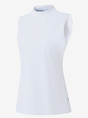 3d rendering of white women's moisture-wicking mock neck sleeveless golf tops