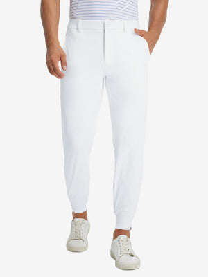 Model wearing Lightweight Ankle-Zip Sweatpants with 4 Pockets in white, lower body front view