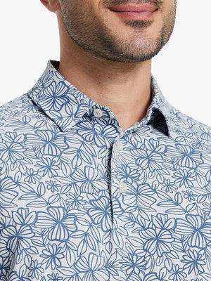 Front half-body view from nose to chest of model wearing STERLING GREY FLOWER Popular Heather Print Polo