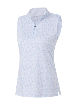 3d rendering of white blue florals women's sleeveless q-zip print quick dry golf tops