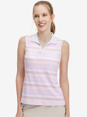 Front upper body shot of model wearing pink purple stripes women's sleeveless v-neck print golf shirts