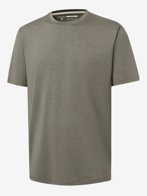 3d view of garment in taupe heather of moisture wicking heather round neck athletic t-shirts.