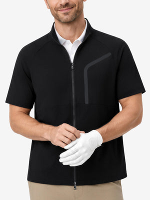 Model front upper body portrait display, lightweight upf50+ short sleeve golf vests jacket in black