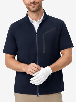 Model front upper body portrait display, lightweight upf50+ short sleeve golf vests jacket in navy