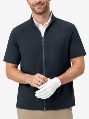 Model front upper body portrait display, lightweight upf50+ short sleeve golf vests jacket in dark grey