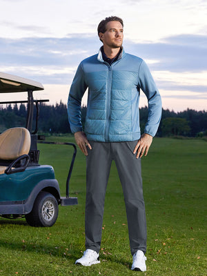 Model standing hands on hips in Water-resistant fleece lined pants on course in grey