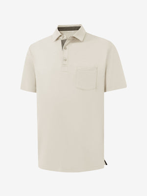 3d view of garment in light khaki heather of performance heather contrast collar polo shirts.