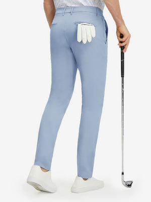Back lower body shot of model wearing sky blue stretch cotton blend slim fit golf trousers 5 pockets