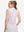 Back upper body shot of model wearing pink purple stripes women's sleeveless v-neck print golf shirts