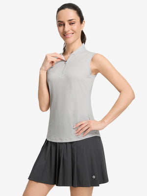 Front upper body shot of model wearing light grey white women's q-zip pin striped texture golf shirts
