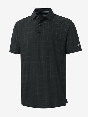 3d render of rich black grid performance reflective checked collar golf shirt