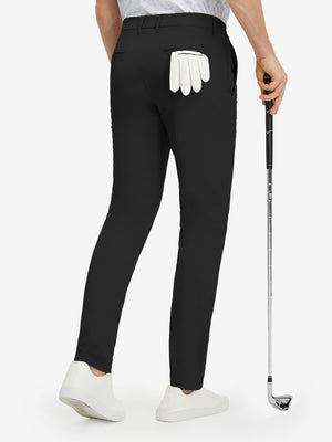 Back lower body shot of model wearing black stretch cotton blend slim fit golf trousers 5 pockets