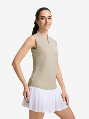 Front upper body shot of model wearing beige white women's q-zip pin striped texture golf shirts