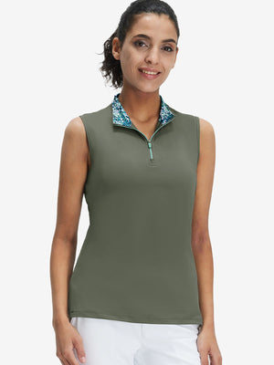 Front upper body shot of model wearing mossy stone women's athletic quarter zip tank tops