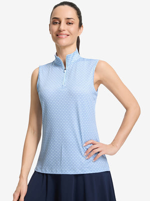 Front upper body shot of model wearing blue plaid women's sleeveless q-zip print quick dry golf tops