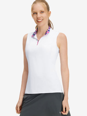 Front upper body shot of model wearing white women's athletic quarter zip tank tops