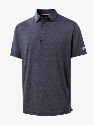 3D view of SPACE DYE STRIPE Performance Yarn Dye Striped Polo showing striped pattern and fit