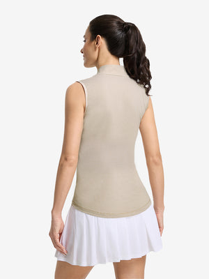 Back upper body shot of model wearing beige white women's q-zip pin striped texture golf shirts