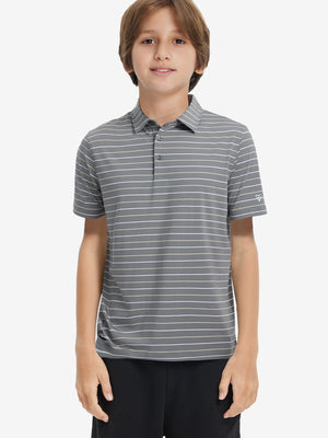 Front upper body of model wearing kids stylish stripe polo shirts, playful stripes with neutral stripe detail