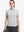Front upper body shot of model wearing light grey women's 5 buttons collared polo shirts