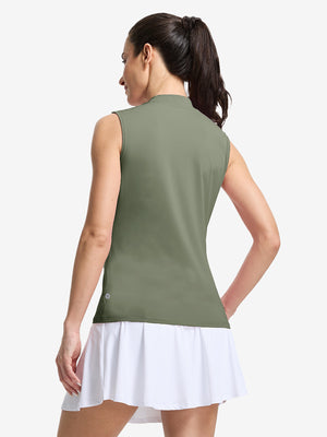 Back upper body shot of model wearing mossy stone women's moisture-wicking mock neck sleeveless golf tops