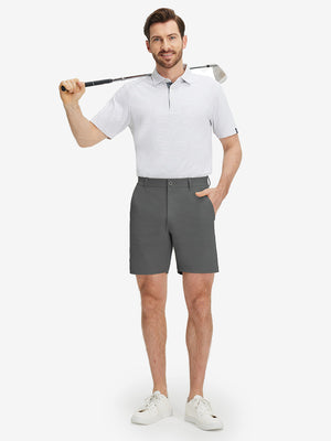 Front full body shot of model wearing dark grey flat front flex cotton blend golf shorts