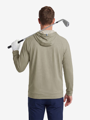 Model back upper body display shot, heather midlayer golf hoodies in taupe heather