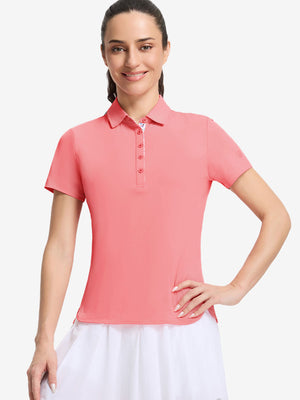 Front upper body shot of model wearing pink women's 5 buttons collared polo shirts