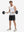 Front full body shot of model exercising in black 4 way stretch breathable workout athletic shorts