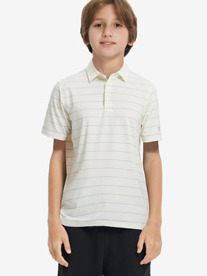 Front upper body of model wearing kids stylish stripe polo shirts, playful stripes with beige stripe detail