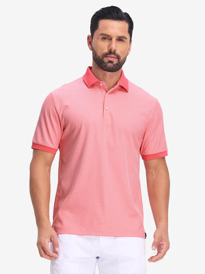 Back upper body shot of model wearing brick red moisture wicking jacquard golf shirts