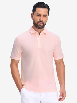 Front half body shot of model wearing light pink white comfy breathable pin-stripe texture golf polos