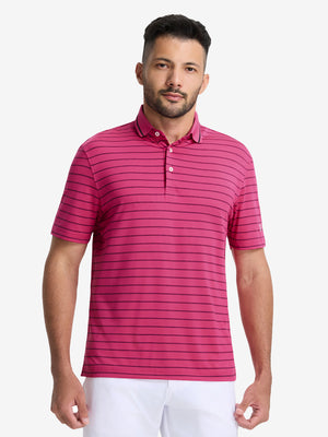Front upper body shot of model wearing beetroot purple/charcoal htr non-curl ribbed collar striped polo shirts