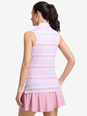 Back upper body shot of model wearing pink purple stripes women's sleeveless q-zip print quick dry golf tops