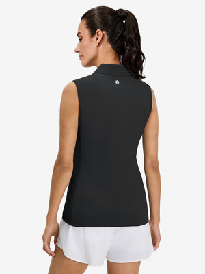 Back upper body view in black of women's 4 buttons golf polo shirts.