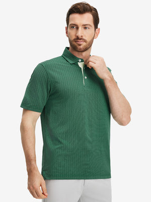 Front upper body shot of model wearing green classic lightweight jacquard golf shirts