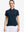 Front upper body shot of model wearing navy women's 5 buttons collared polo shirts