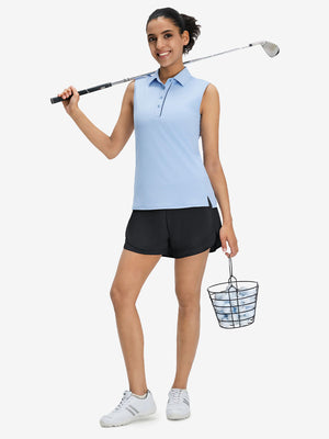 Front full body shot of model with golf gear wearing black women's gym golf shorts with liner pocket