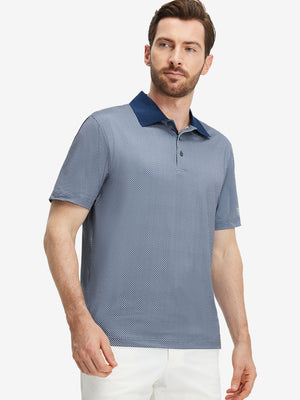 Front upper body shot of model wearing dark blue diamond premium ribbed collar print polo shirts