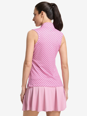 Back upper body shot of model wearing white pink geometric women's sleeveless q-zip print quick dry golf tops